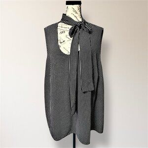 Michael Kors Black White Dot Bow Tie Neck Sleeveless Blouse Office Preppy 22W‎